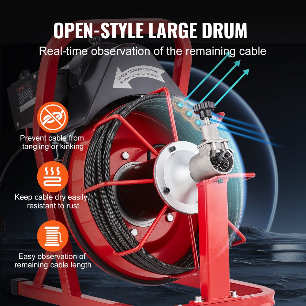 Bostome Electric Drain Auger with 50FT steel cable and automatic feed system for drain cleaning.