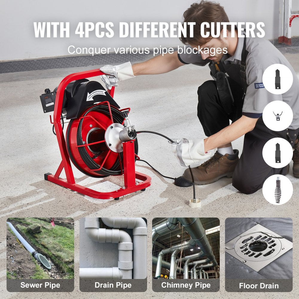 Bostome Electric Drain Auger with 50FT steel cable and four interchangeable cutters for clogs.