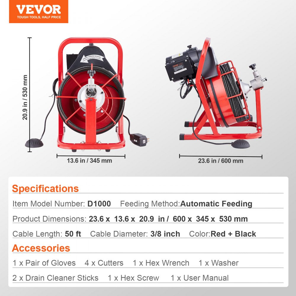 Bostome Electric Drain Auger with 50FT steel core cable and four interchangeable cutters.