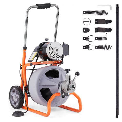 Orange wheeled drain cleaning machine with 100ft auto-feed cable and accessories.