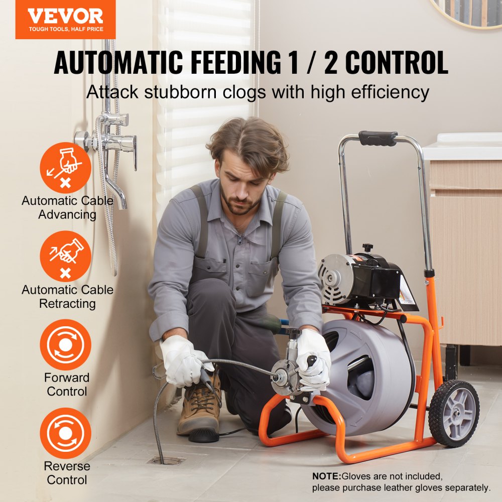 Bostome 100FT 3/8 inch drain cleaner machine with auto feed, wheels, and a man using it.