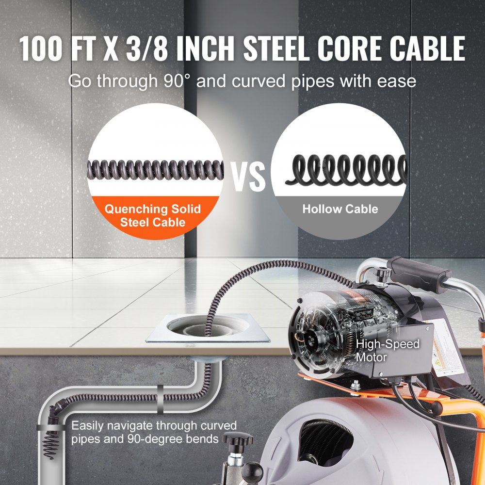 Bostome drain cleaner machine with 100 ft 3/8 inch auto-feed steel cable, wheels, and drain snake in action.
