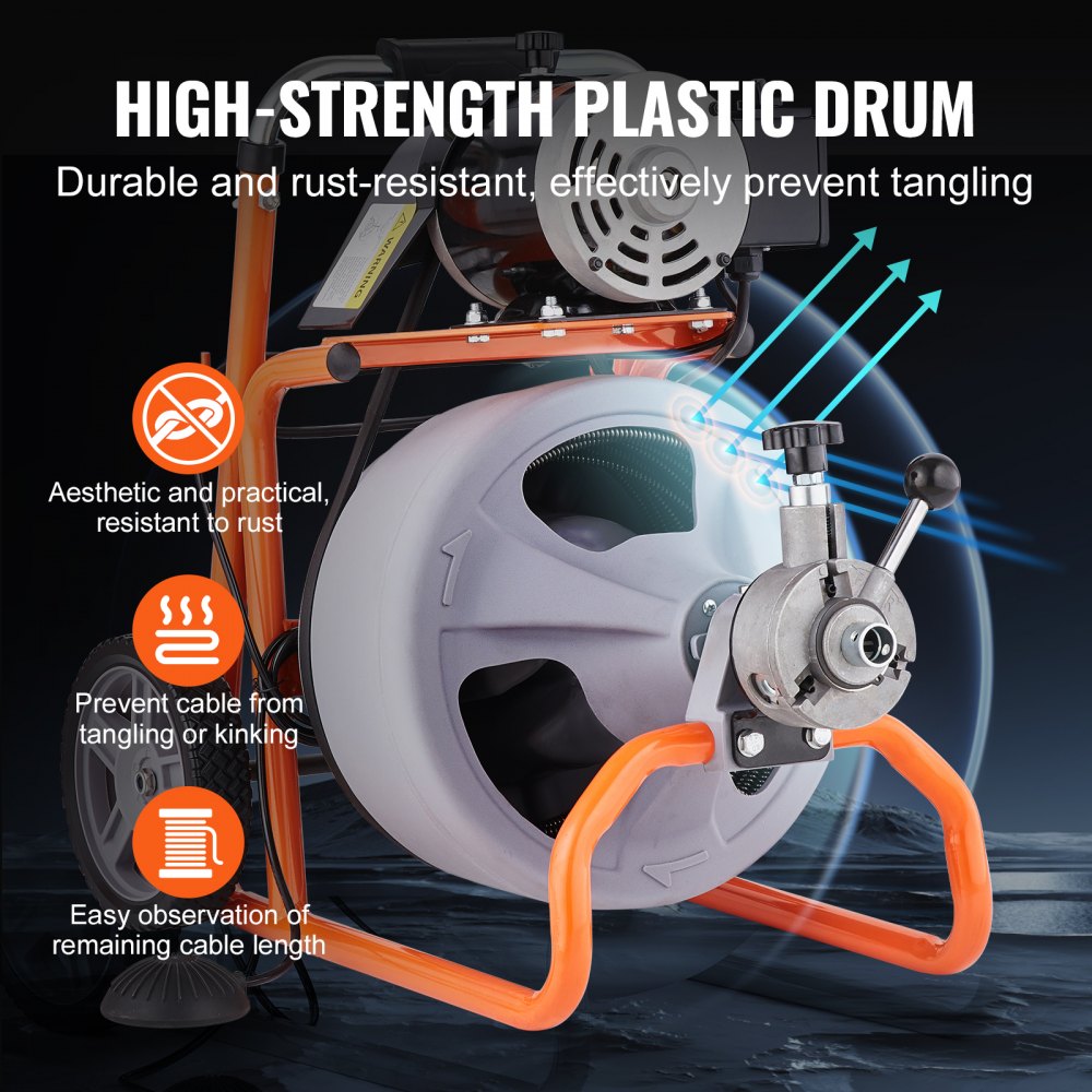 Orange-framed drain cleaner machine with 100ft 3/8-inch auto-feed cable on wheels.