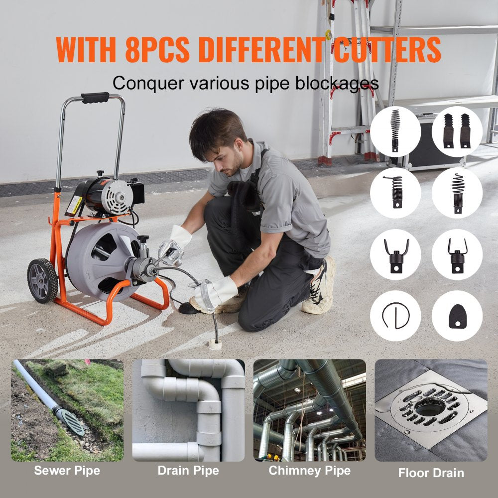Man using wheeled drain cleaner machine with 100ft cable and 8 cutters on pipes.
