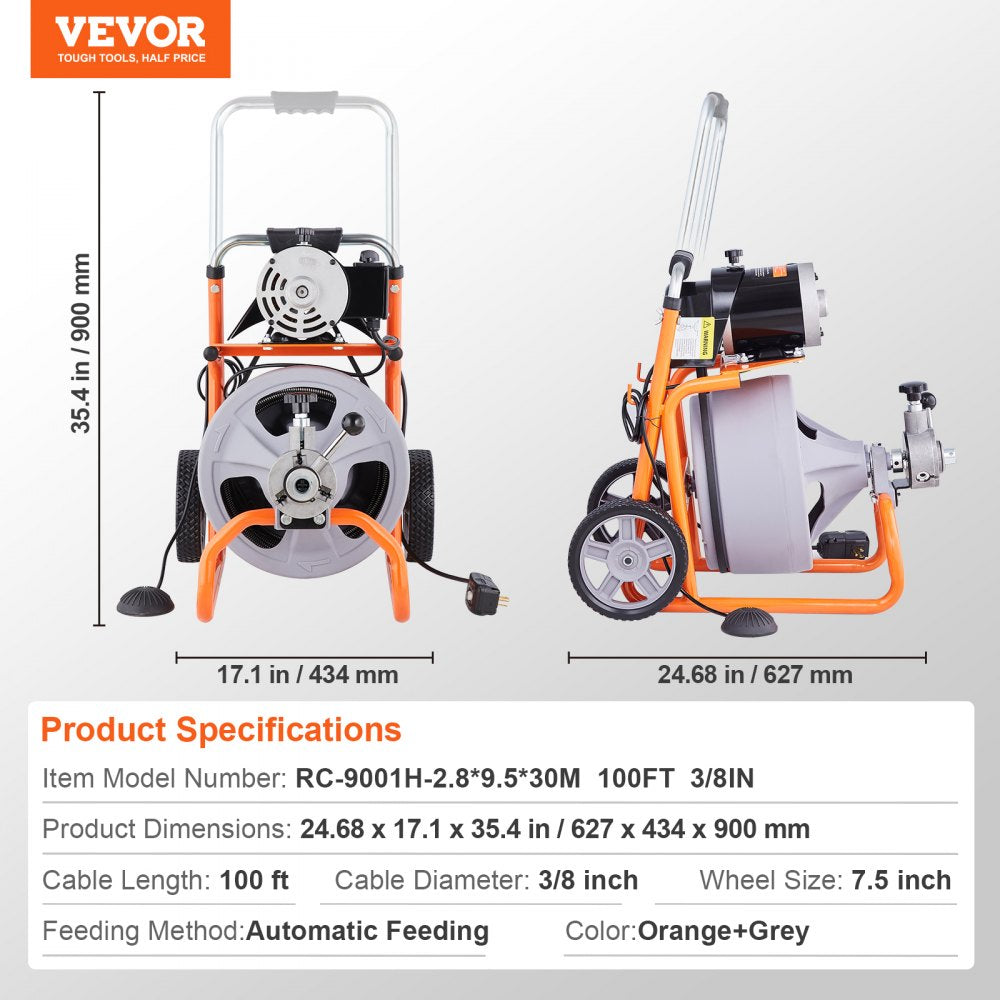 Orange and gray Bostome drain cleaner machine with 100ft 3/8-inch auto-feed cable and wheels.
