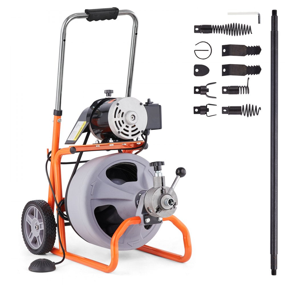 Orange wheeled drain cleaning machine with 100ft 3/8-inch auto-feed cable and accessories.