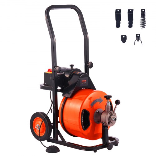 Bostome 100FT drain cleaner machine with auto feed and 4 interchangeable cutters for pipes.
