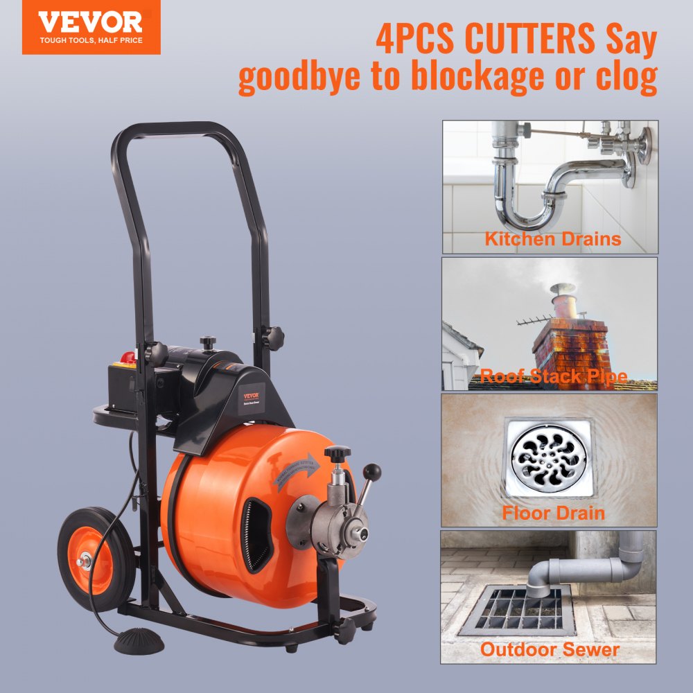 Bostome 100FT drain cleaner machine with auto feed and four interchangeable cutters for pipes.
