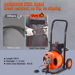 Bostome 100FT drain cleaner machine with auto feed and 4 interchangeable cutters for pipes.
