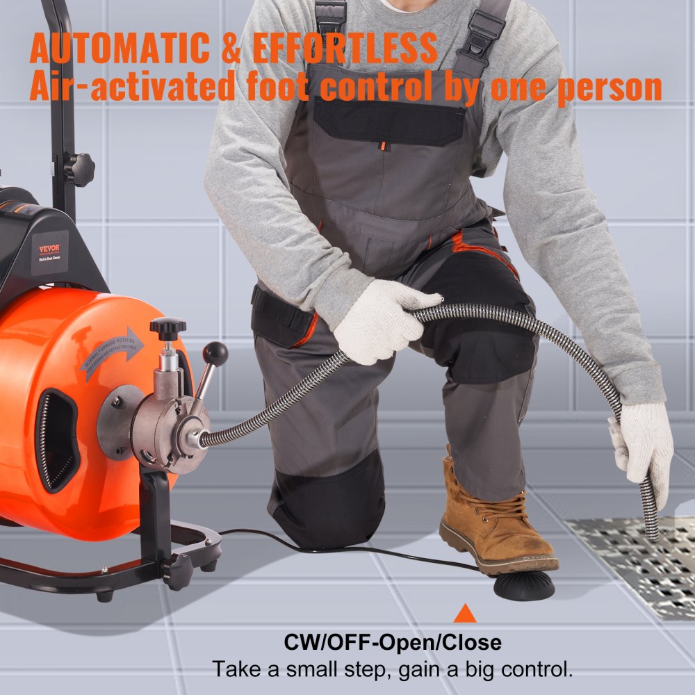 Bostome 100FT drain cleaner machine with auto feed and four interchangeable cutters for pipes.