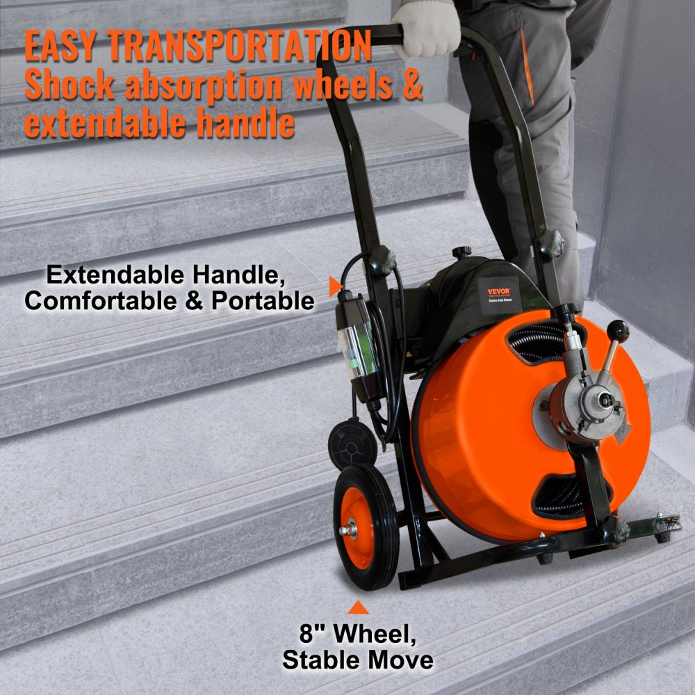 Bostome 100FT drain cleaner machine with auto feed and 4 interchangeable cutters for pipe cleaning.