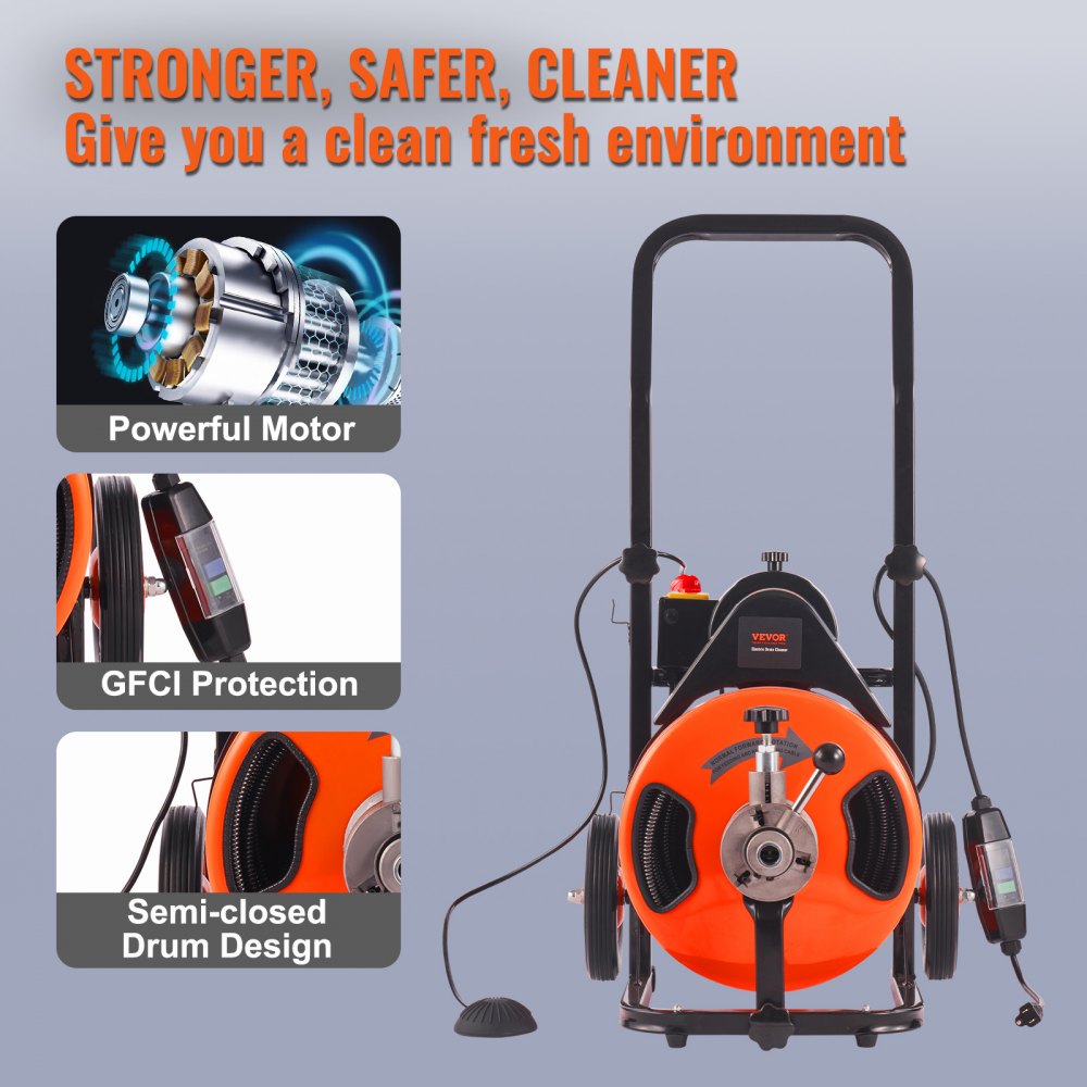 Bostome 100FT drain cleaner machine with auto feed and 4 interchangeable cutters for pipe cleaning.