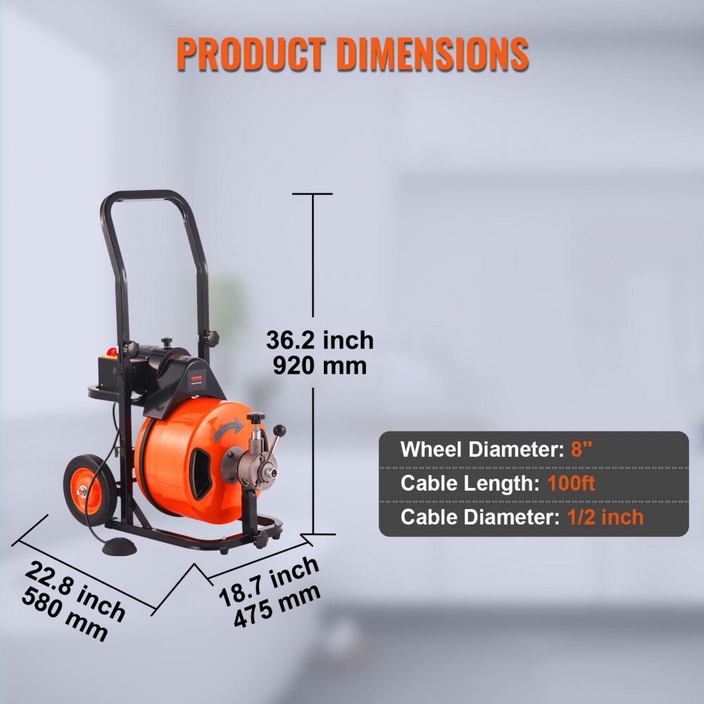 Bostome 100FT drain cleaner machine with auto feed and 4 interchangeable cutters for pipe cleaning.