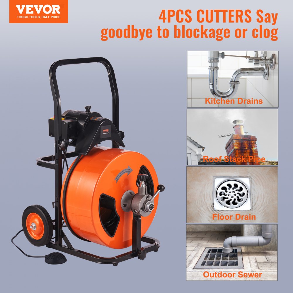 Bostome 100FT 3/4in drain cleaning machine with auto-feed sewer snake on wheeled frame.