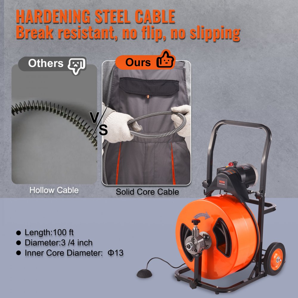 An orange drain cleaning machine with a 100-foot solid core cable is shown.