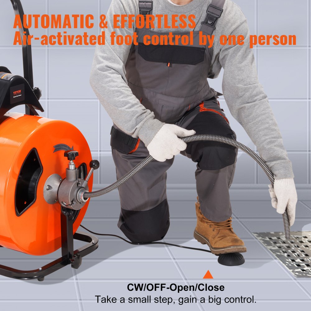 A person in work clothes operates a 100ft 3/4in auto-feed drain cleaning machine with air-activated foot control near a floor drain.