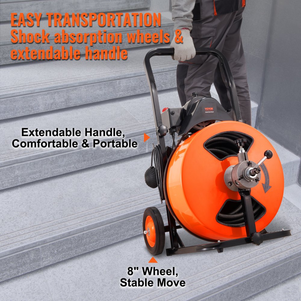 Bostome 100FT 3/4in drain cleaning machine with auto-feed sewer snake, orange drum, and wheeled frame on stairs.