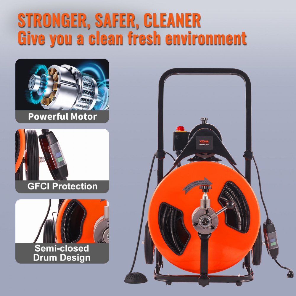 Orange 100ft drain cleaning machine with auto-feed, GFCI protection, and semi-closed drum on wheels.