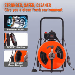 Orange 100ft drain cleaning machine with auto-feed, GFCI protection, and semi-closed drum on wheels.