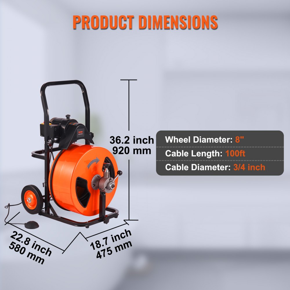 Diagram of Bostome drain cleaning machine showing 36.2-inch height, 18.7-inch width, 100 ft cable length, and 3/4-inch cable diameter.