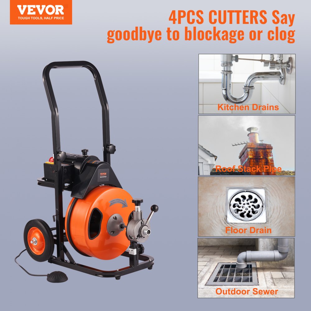Bostome 75FT drain cleaning machine with auto feed and 4 interchangeable cutters for pipe maintenance.
