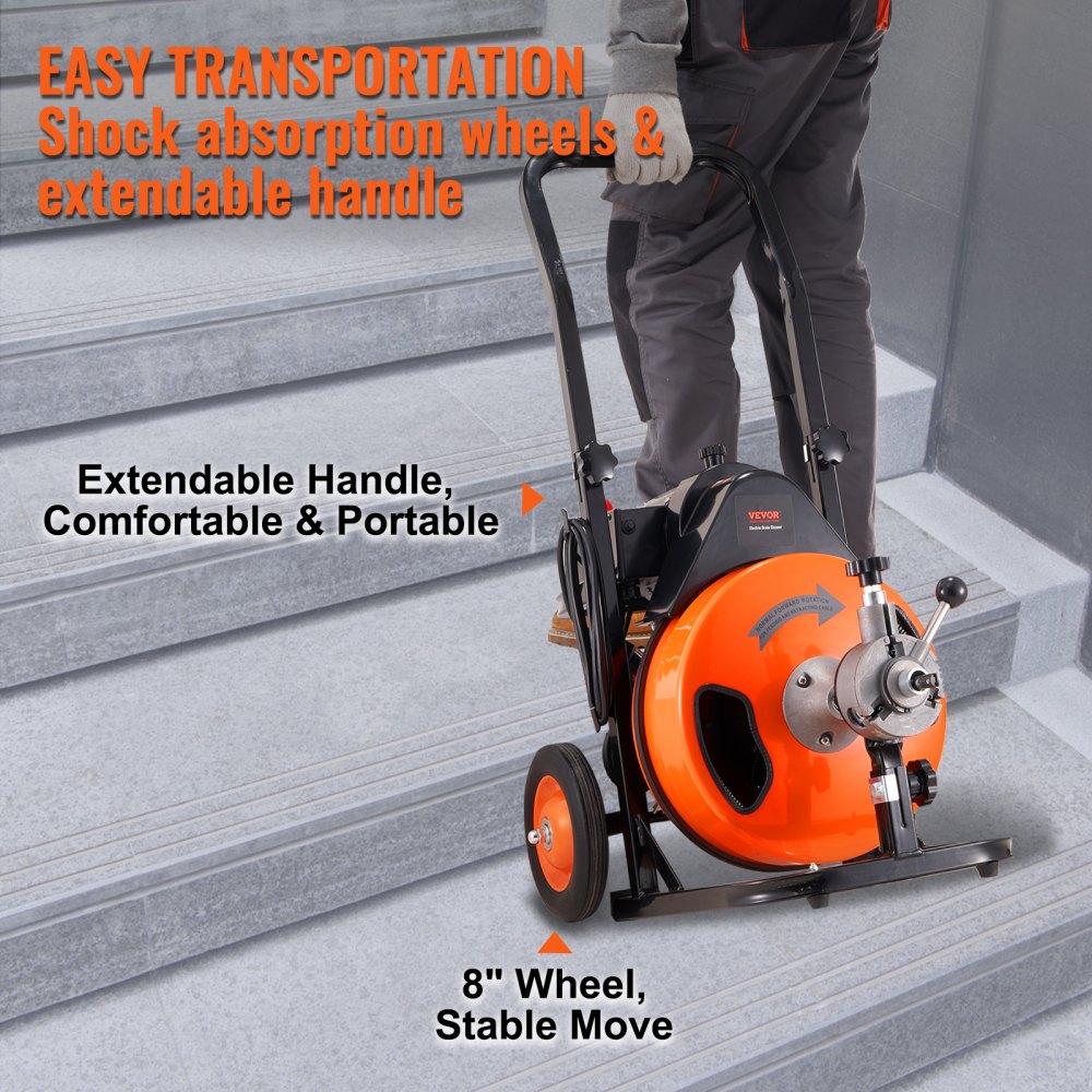 Bostome 75FT drain cleaning machine with auto feed and 4 interchangeable cutters for pipe cleaning.