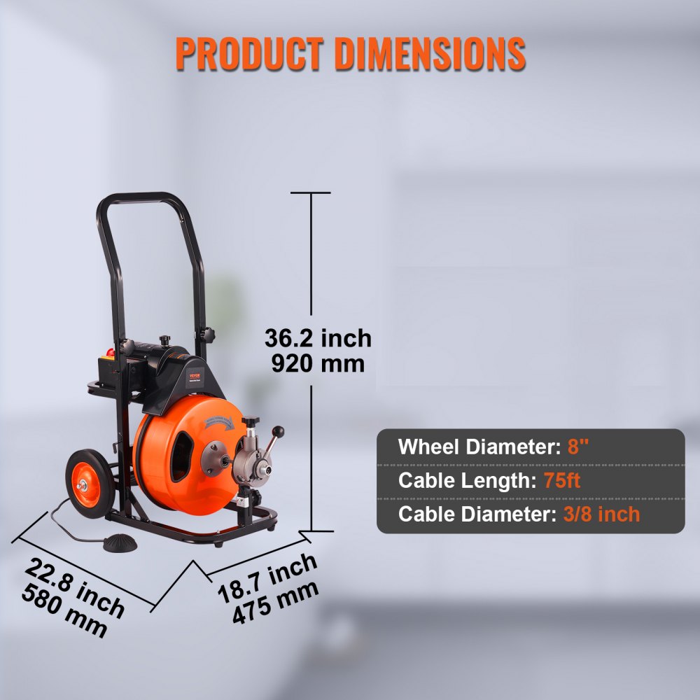 Bostome 75FT drain cleaning machine with auto feed and 4 interchangeable cutters for pipe cleaning.