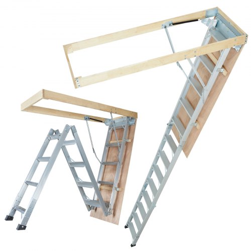 Three foldable aluminum attic ladders are shown in various stages of extension.