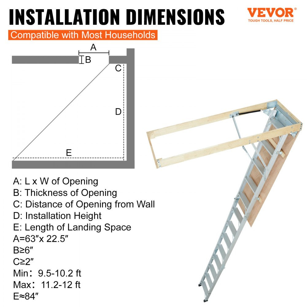 Diagram of installation dimensions for Bostome foldable attic ladder, showing opening size A, distance from wall B, height C, and landing space D.