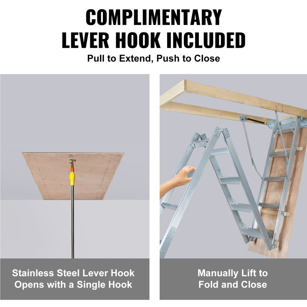 Foldable aluminum attic ladder with 350lb capacity, lever hook, and manual fold mechanism.