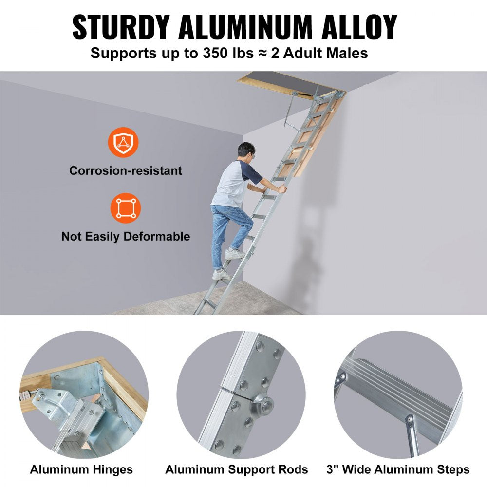 Foldable aluminum attic ladder with 350lb capacity, 3-inch wide steps, and support rods.