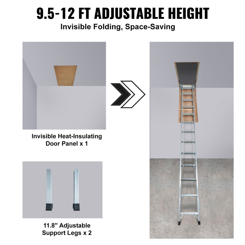 Foldable aluminum attic ladder with adjustable height from 9.5 to 12 feet and 350-pound capacity.