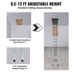 Foldable aluminum attic ladder with adjustable height from 9.5 to 12 feet and 350-pound capacity.