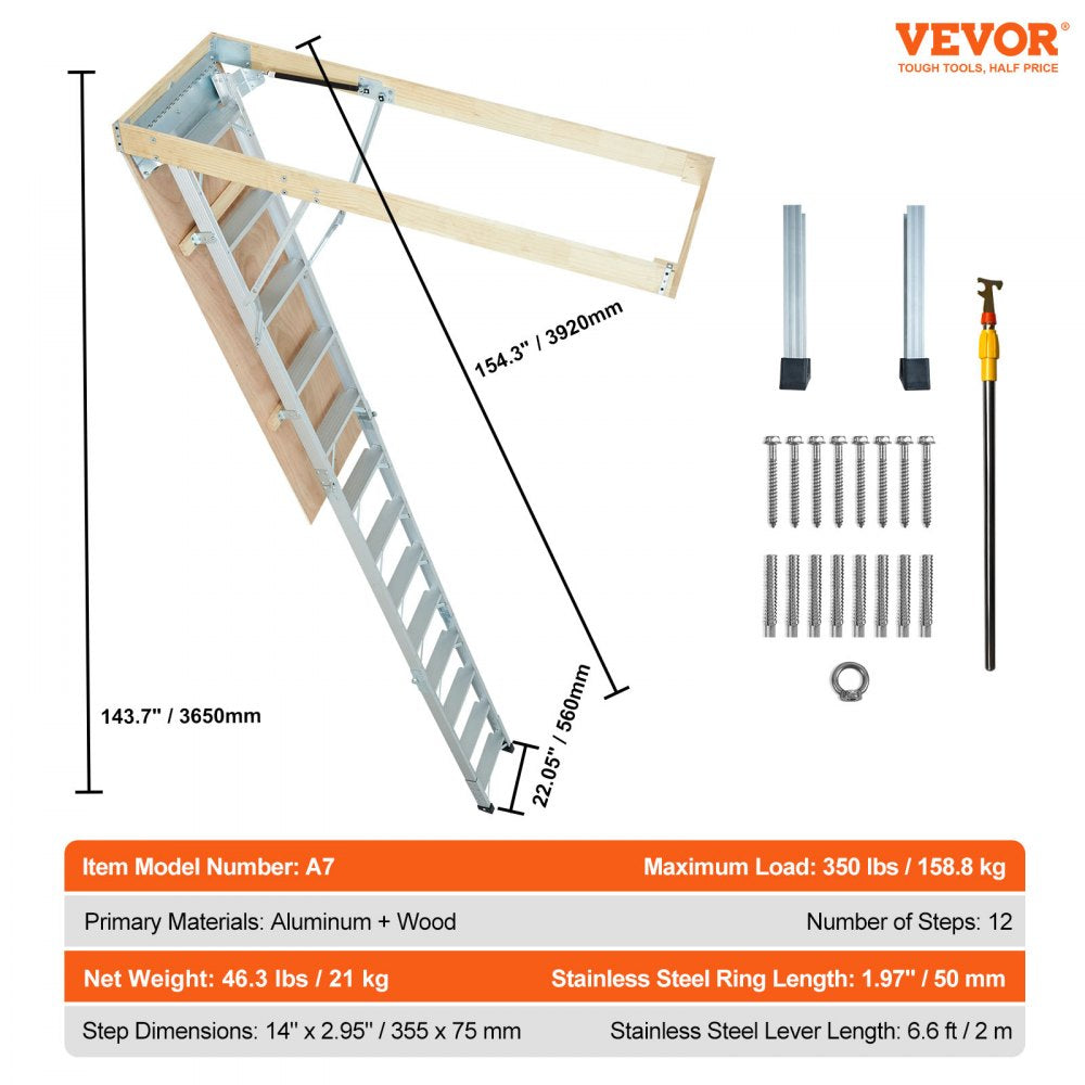 Foldable aluminum attic ladder with 12 steps, 350lb capacity, and 22.5x63 inch dimensions.