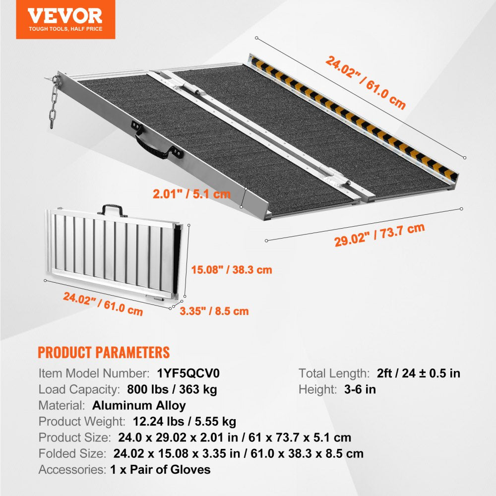 Portable Wheelchair Ramp, 2 ft 800 lbs Capacity, Non-Slip Aluminum Folding Threshold Ramp, Foldable Mobility Scooter Ramp Wheel Chair Ramp, Handicap Ramp for Home Steps, Stairs, Doorways, Curbs