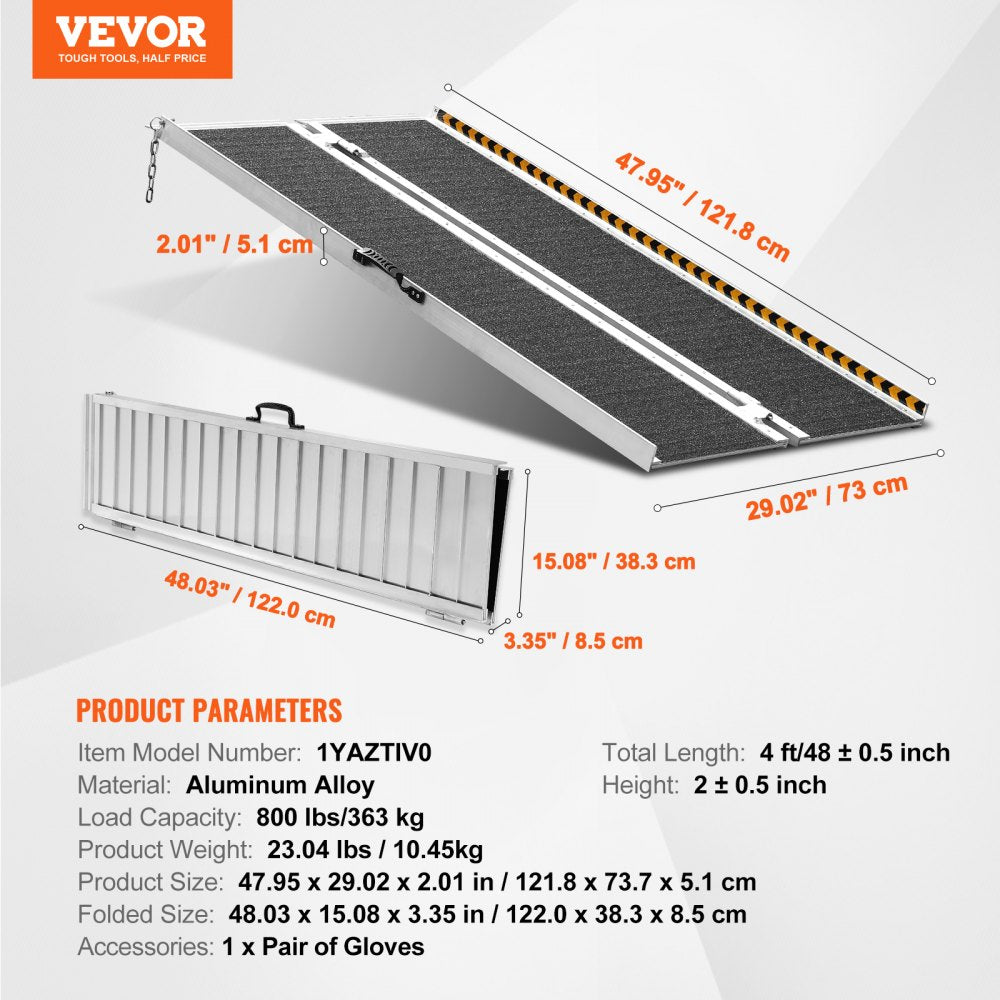 Portable Wheelchair Ramp, 4 ft 800 lbs Capacity, Non-Slip Aluminum Folding Threshold Ramp, Foldable Mobility Scooter Ramp Wheel Chair Ramp, Handicap Ramp for Home Steps, Stairs, Doorways, Curbs