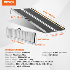 Portable Wheelchair Ramp, 5 ft 800 lbs Capacity, Non-Slip Aluminum Folding Threshold Ramp, Foldable Mobility Scooter Ramp Wheel Chair Ramp, Handicap Ramp for Home Steps, Stairs, Doorways, Curbs