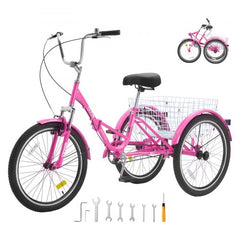 Folding Adult Tricycle, 26-Inch Adult Folding Trikes, Carbon Steel 3 Wheel Cruiser Bike with Large Basket & Adjustable Seat, Shopping Picnic Foldable Tricycles for Women, Men, Seniors (Pink)
