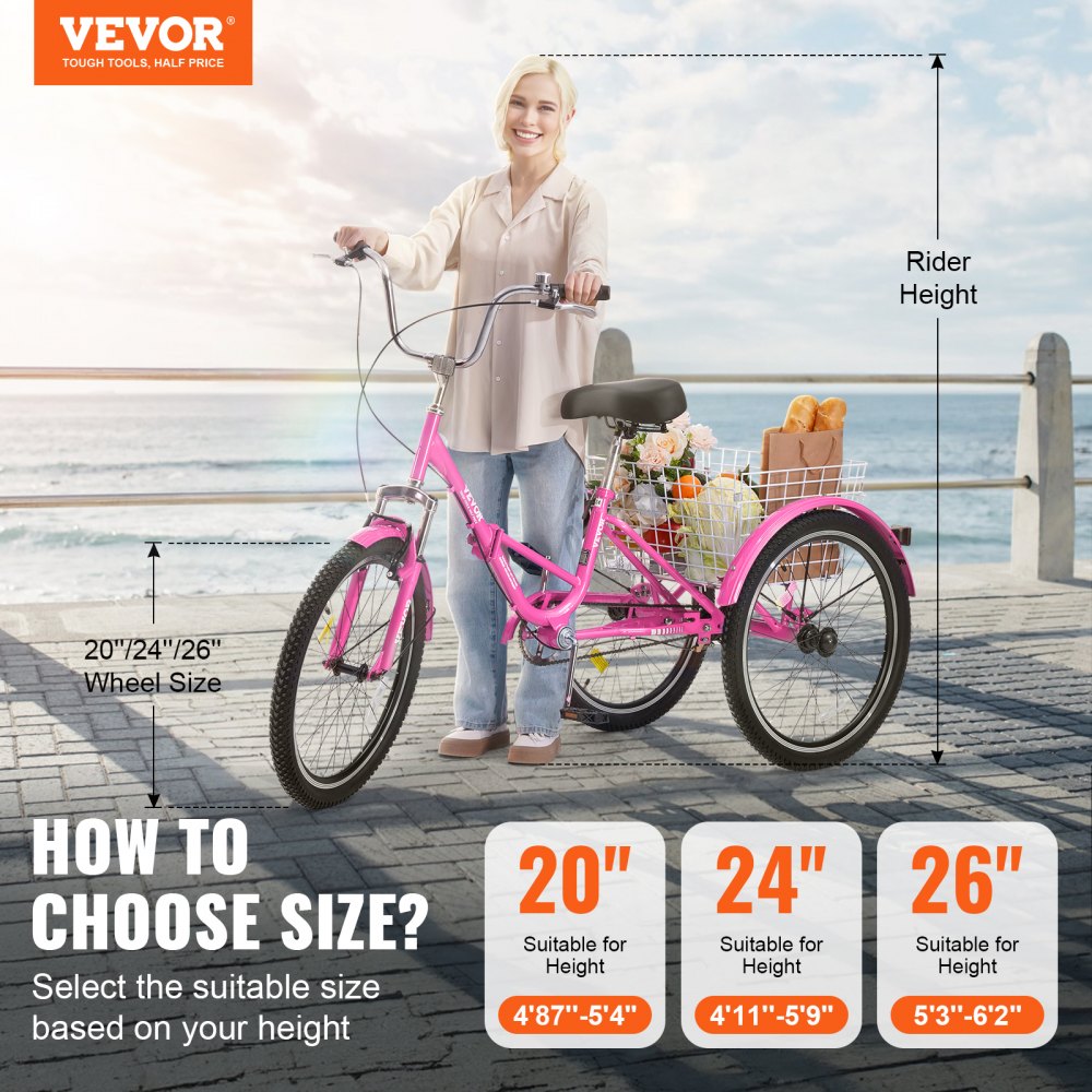Folding Adult Tricycle, 26-Inch Adult Folding Trikes, Carbon Steel 3 Wheel Cruiser Bike with Large Basket & Adjustable Seat, Shopping Picnic Foldable Tricycles for Women, Men, Seniors (Pink)