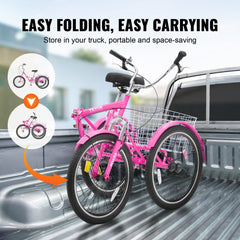 Folding Adult Tricycle, 26-Inch Adult Folding Trikes, Carbon Steel 3 Wheel Cruiser Bike with Large Basket & Adjustable Seat, Shopping Picnic Foldable Tricycles for Women, Men, Seniors (Pink)
