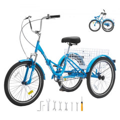 Folding Adult Tricycle, 24-Inch Adult Folding Trikes, Carbon Steel 3 Wheel Cruiser Bike with Large Basket & Adjustable Seat, Shopping Picnic Foldable Tricycles for Women, Men, Seniors (Blue)