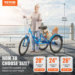 Folding Adult Tricycle, 24-Inch Adult Folding Trikes, Carbon Steel 3 Wheel Cruiser Bike with Large Basket & Adjustable Seat, Shopping Picnic Foldable Tricycles for Women, Men, Seniors (Blue)