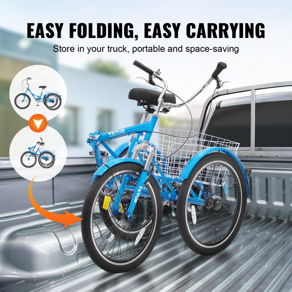 Folding Adult Tricycle, 24-Inch Adult Folding Trikes, Carbon Steel 3 Wheel Cruiser Bike with Large Basket & Adjustable Seat, Shopping Picnic Foldable Tricycles for Women, Men, Seniors (Blue)