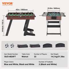 Folding Foosball Table, 42 inch Standard Size Foosball Table, Indoor Full Size Foosball Table for Home, Family, and Game Room, Soccer with Foosball Table Set, Includes 2 Balls