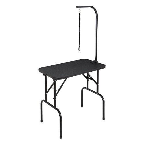 A black 32x18-inch foldable pet grooming table with stainless-steel frame, clamp arm, and grooming loops.