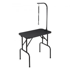 A black 32x18-inch foldable pet grooming table with stainless-steel frame, clamp arm, and grooming loops.