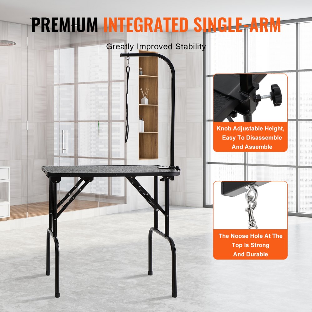 Foldable pet grooming table with stainless steel frame, adjustable arm, and grooming loops.