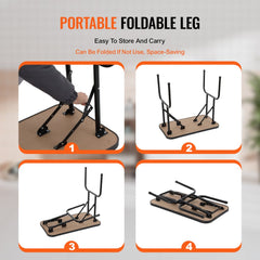 Foldable pet grooming table with adjustable clamp arm, shown in use and folded states.