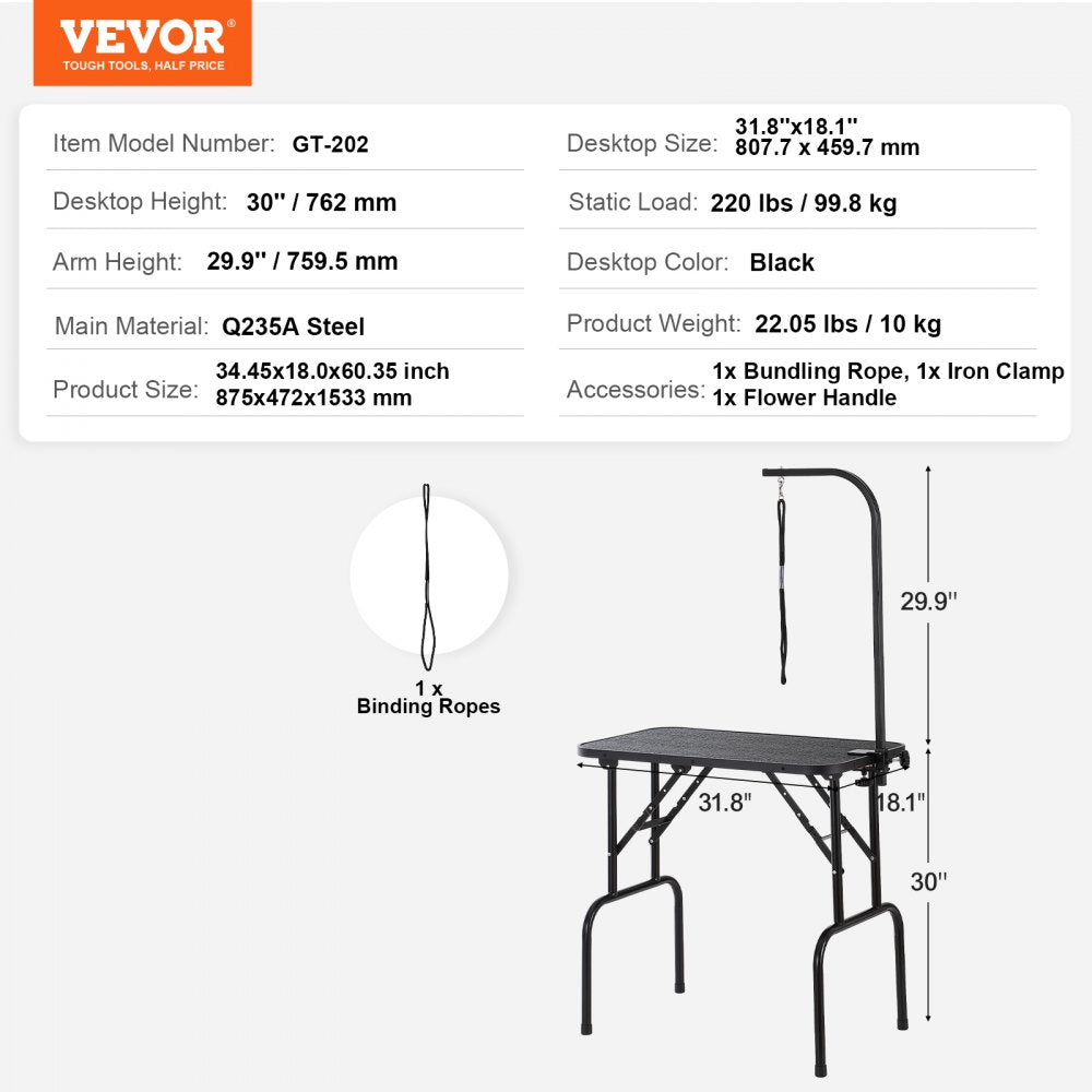 Foldable pet grooming table, 32x18 inches, with stainless steel frame, clamp arm, and grooming loops.