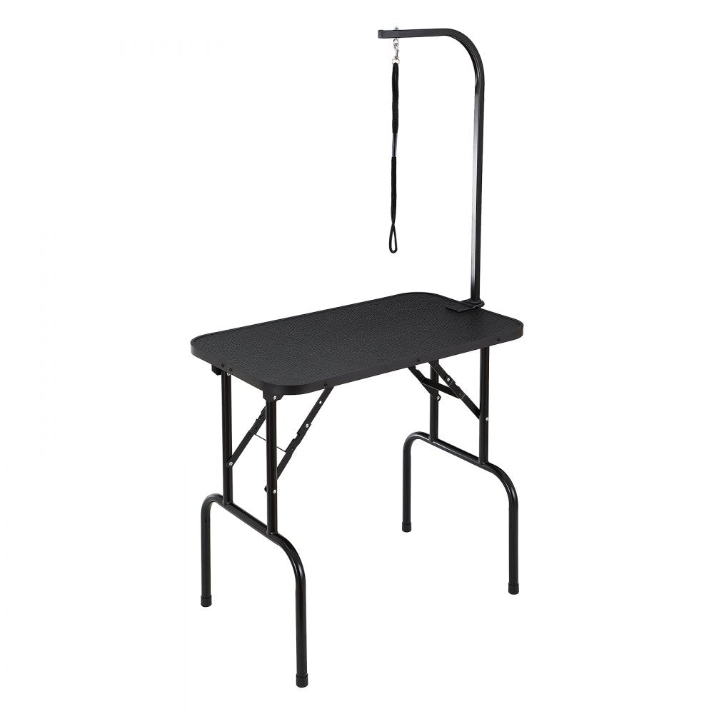 Black foldable pet grooming table, 32x18 inches, with adjustable clamp arm and grooming loop.